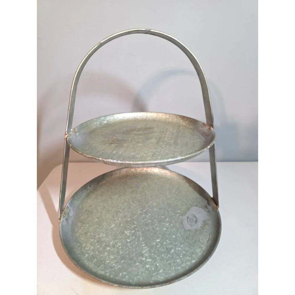 Large Pottery Barn Galvanized Two Tier Round Tray 16 Inches Cottagecore